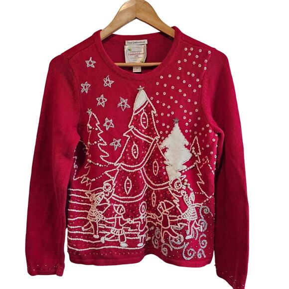 Christmas Sweater Women Small Red Beaded Winter Scene Family Holiday Party Retro - Picture 1 of 11